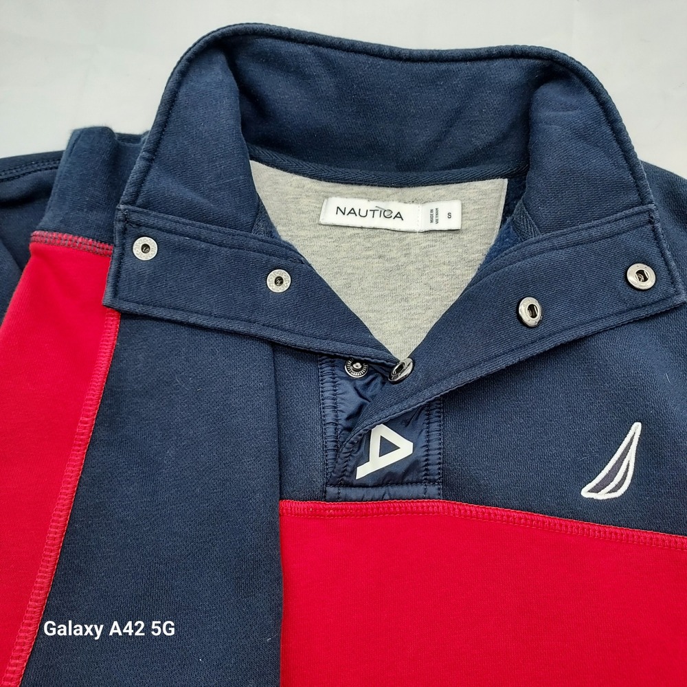Nautica Mens Small Pullover Sweatshirt Colorblock 1/4 Snap Mock Neck - Picture 2 of 8